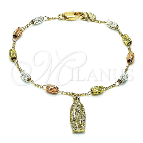 Pulsera de Dije 03.351.0157.08 Oro Laminado, Diseño de Guadalupe, Diamantado, Tres Tonos (04 MM Thickness, 8 Inches Length)