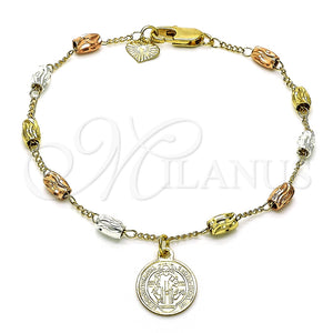 Pulsera de Dije 03.351.0158.08 Oro Laminado, Diseño de San Benito, Diamantado, Tres Tonos (04 MM Thickness, 8 Inches Length)