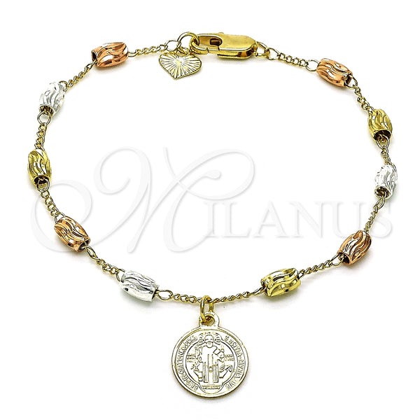 Pulsera de Dije 03.351.0158.08 Oro Laminado, Diseño de San Benito, Diamantado, Tres Tonos (04 MM Thickness, 8 Inches Length)