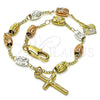 Pulsera de Dije 03.351.0159.08 Oro Laminado, Diseño de Crucifijo, Diamantado, Tres Tonos (04 MM Thickness, 8 Inches Length)