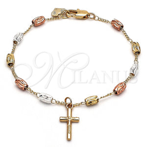 Pulsera de Dije 03.351.0159.08 Oro Laminado, Diseño de Crucifijo, Diamantado, Tres Tonos (04 MM Thickness, 8 Inches Length)