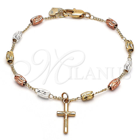 Pulsera de Dije 03.351.0159.08 Oro Laminado, Diseño de Crucifijo, Diamantado, Tres Tonos (04 MM Thickness, 8 Inches Length)