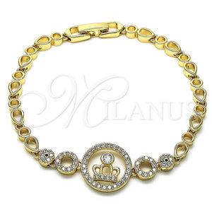 Pulsera Elegante 03.283.0158.07 Oro Laminado, Diseño de Corona y Gota, con Blanca Zirconia Cubica and Blanca Micro Pave, Pulido, Tono Dorado (04 MM Thickness, 7 Inches Length)