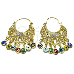 Arete Largo 02.380.0103.2 Oro Laminado, Diseño de Elefante y Ojo Griego, con Blanca and Negro Cristal, Resinado Multicolor, Tono Dorado
