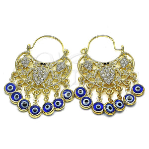 Arete Largo 02.380.0104.1 Oro Laminado, Diseño de Tortuga y Ojo Griego, con Blanca and Negro Cristal, Resinado Azul, Tono Dorado