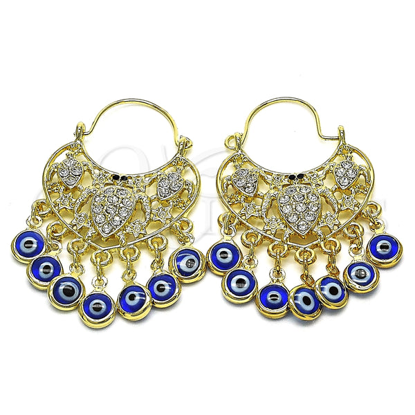 Arete Largo 02.380.0104.1 Oro Laminado, Diseño de Tortuga y Ojo Griego, con Blanca and Negro Cristal, Resinado Azul, Tono Dorado