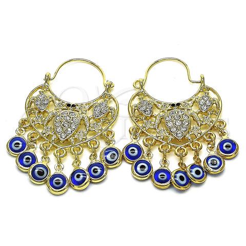 Arete Largo 02.380.0104.1 Oro Laminado, Diseño de Tortuga y Ojo Griego, con Blanca and Negro Cristal, Resinado Azul, Tono Dorado