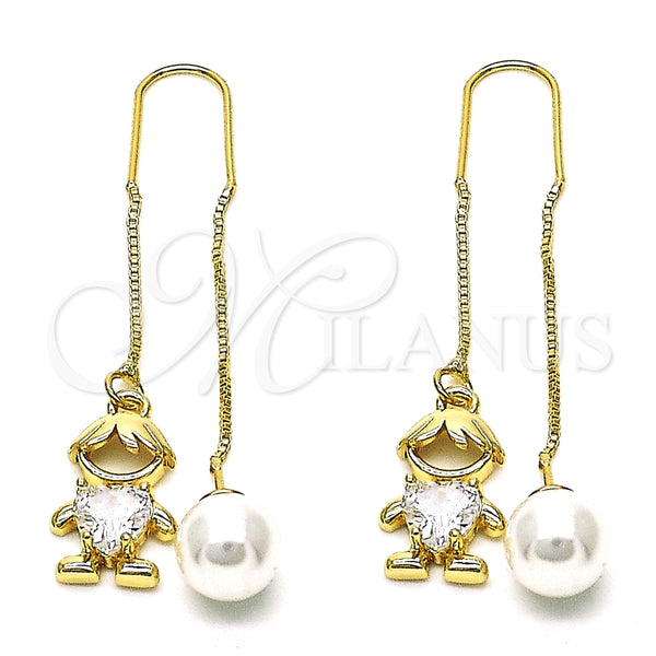 Arete Violador 02.380.0105 Oro Laminado, Diseño de Niñito Pequeño y Corazón, con Blanca Zirconia Cubica, Pulido, Tono Dorado
