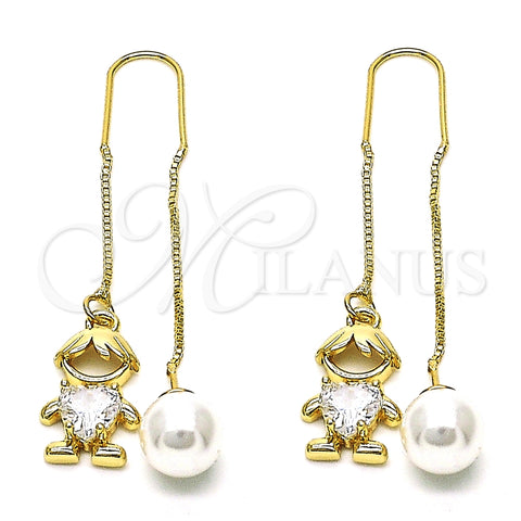 Arete Violador 02.380.0105 Oro Laminado, Diseño de Niñito Pequeño y Corazón, con Blanca Zirconia Cubica, Pulido, Tono Dorado
