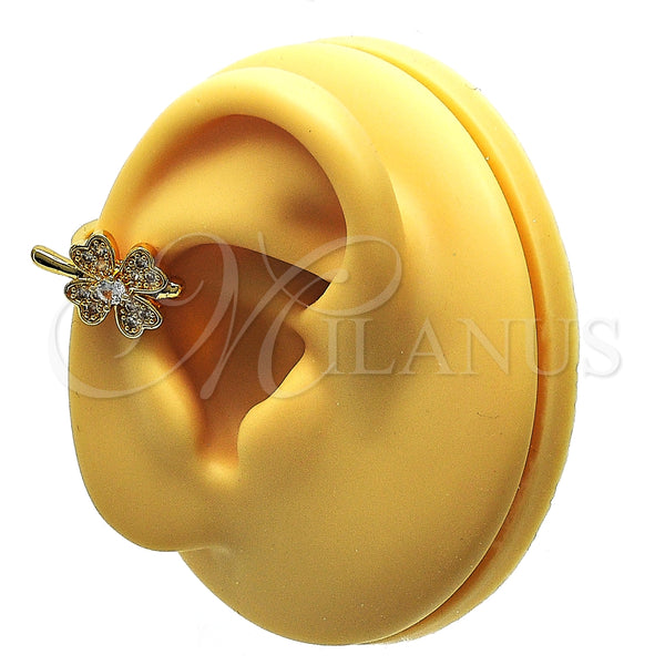 Earcuff 02.210.0694 Oro Laminado, Diseño de Trébol de Cuatro Hojas, con Blanca Micro Pave, Pulido, Tono Dorado