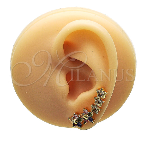 Earcuff 02.210.0698.1 Oro Laminado, Diseño de Flor y Estrella, con Multicolor Micro Pave and Blanca Zirconia Cubica, Pulido, Tono Dorado