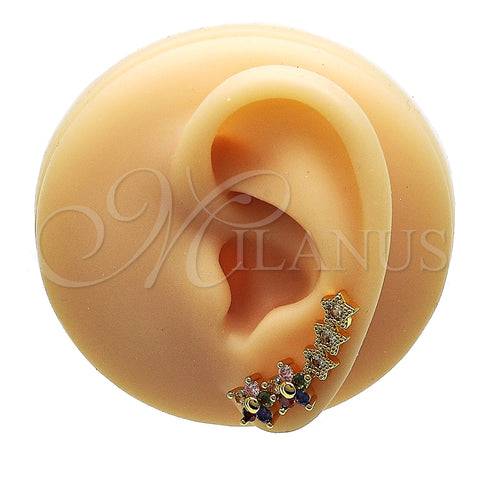 Earcuff 02.210.0698.1 Oro Laminado, Diseño de Flor y Estrella, con Multicolor Micro Pave and Blanca Zirconia Cubica, Pulido, Tono Dorado