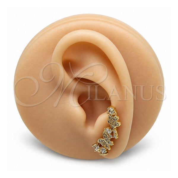 Earcuff 02.210.0704 Oro Laminado, Diseño de Mariposa y Flor, con Blanca Micro Pave and Blanca Zirconia Cubica, Pulido, Tono Dorado