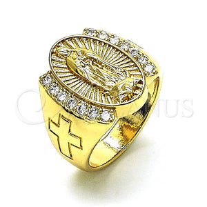 Anillo Multi Piedra 01.380.0019.08 Oro Laminado, Diseño de Guadalupe y Cruz, con Blanca Zirconia Cubica, Pulido, Tono Dorado (Size 8)