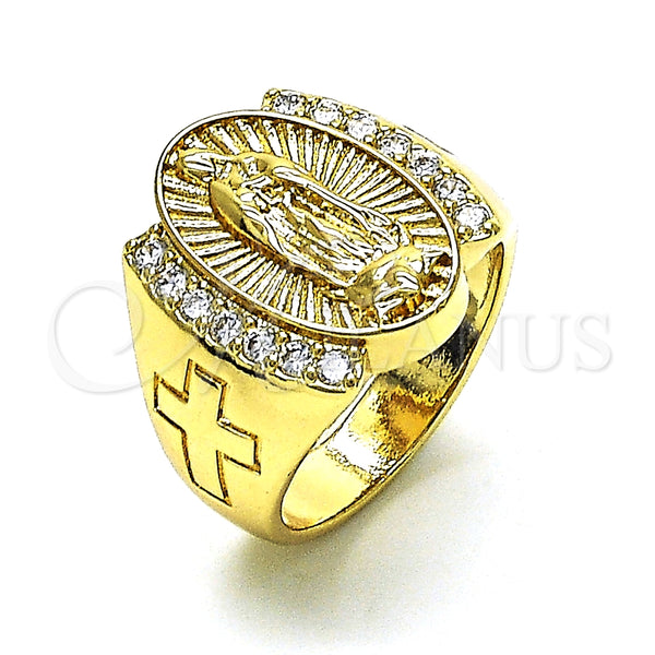 Anillo Multi Piedra 01.380.0019.08 Oro Laminado, Diseño de Guadalupe y Cruz, con Blanca Zirconia Cubica, Pulido, Tono Dorado (Size 8)