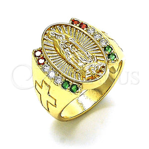 Anillo Multi Piedra 01.380.0019.1.07 Oro Laminado, Diseño de Guadalupe y Cruz, con Multicolor Zirconia Cubica, Pulido, Tono Dorado (Size 7)