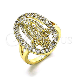 Anillo Multi Piedra 01.380.0022.08 Oro Laminado, Diseño de Guadalupe y Flor, con Blanca Zirconia Cubica, Pulido, Tono Dorado (Size 8)