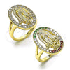 Anillo Multi Piedra 01.380.0022.08 Oro Laminado, Diseño de Guadalupe y Flor, con Blanca Zirconia Cubica, Pulido, Tono Dorado (Size 8)