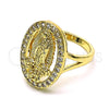Anillo Multi Piedra 01.380.0022.09 Oro Laminado, Diseño de Guadalupe y Flor, con Blanca Zirconia Cubica, Pulido, Tono Dorado (Size 9)