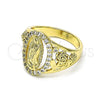 Anillo Multi Piedra 01.380.0025.07 Oro Laminado, Diseño de Guadalupe y Flor, con Blanca Zirconia Cubica, Pulido, Tono Dorado (Size 7)