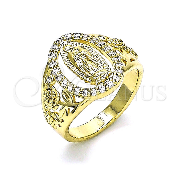 Anillo Multi Piedra 01.380.0025.07 Oro Laminado, Diseño de Guadalupe y Flor, con Blanca Zirconia Cubica, Pulido, Tono Dorado (Size 7)