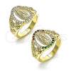 Anillo Multi Piedra 01.380.0025.09 Oro Laminado, Diseño de Guadalupe y Flor, con Blanca Zirconia Cubica, Pulido, Tono Dorado (Size 9)
