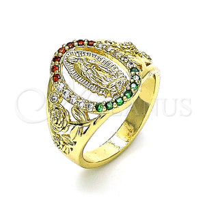 Anillo Multi Piedra 01.380.0025.1.07 Oro Laminado, Diseño de Guadalupe y Flor, con Multicolor Zirconia Cubica, Pulido, Tono Dorado (Size 7)