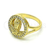 Anillo Multi Piedra 01.380.0026.07 Oro Laminado, Diseño de Guadalupe y Flor, con Blanca Zirconia Cubica, Pulido, Tono Dorado (Size 7)