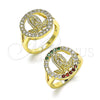 Anillo Multi Piedra 01.380.0026.07 Oro Laminado, Diseño de Guadalupe y Flor, con Blanca Zirconia Cubica, Pulido, Tono Dorado (Size 7)