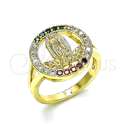 Anillo Multi Piedra 01.380.0026.1.07 Oro Laminado, Diseño de Guadalupe y Flor, con Multicolor Zirconia Cubica, Pulido, Tono Dorado (Size 7)