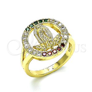 Anillo Multi Piedra 01.380.0026.1.08 Oro Laminado, Diseño de Guadalupe y Flor, con Multicolor Zirconia Cubica, Pulido, Tono Dorado (Size 8)