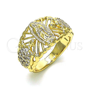 Anillo Multi Piedra 01.380.0027.07 Oro Laminado, Diseño de Guadalupe y Tortuga, con Blanca Zirconia Cubica, Pulido, Tono Dorado (Size 7)