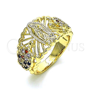 Anillo Multi Piedra 01.380.0027.1.08 Oro Laminado, Diseño de Guadalupe y Tortuga, con Multicolor Zirconia Cubica, Pulido, Tono Dorado (Size 8)