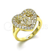 Anillo Multi Piedra 01.380.0028.09 Oro Laminado, Diseño de Guadalupe y Corazón, con Blanca Zirconia Cubica, Pulido, Tono Dorado (Size 9)