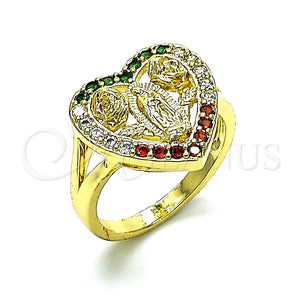 Anillo Multi Piedra 01.380.0028.1.08 Oro Laminado, Diseño de Guadalupe y Corazón, con Multicolor Zirconia Cubica, Pulido, Tono Dorado (Size 8)