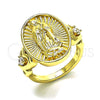 Anillo Multi Piedra 01.380.0030.07 Oro Laminado, Diseño de Guadalupe y Corazón, con Blanca Zirconia Cubica, Pulido, Tono Dorado (Size 7)