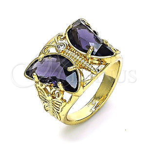 Anillo Multi Piedra 01.380.0031.1.07 Oro Laminado, Diseño de Mariposa, con Amatista and Blanca Zirconia Cubica, Pulido, Tono Dorado (Size 7)