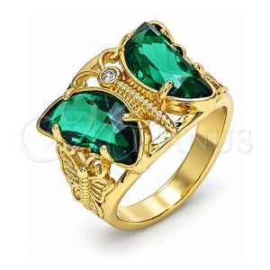 Anillo Multi Piedra 01.380.0031.2.08 Oro Laminado, Diseño de Mariposa, con Zirconia Cubica Verde y Blanca, Pulido, Tono Dorado (Tamaño 8)