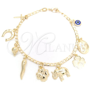 Pulsera de Dije 03.58.0067.07 Oro Laminado, Diseño de Ojo Griego y Elefante, Pulido, Tono Dorado (04 MM Thickness, 7 Inches Length)