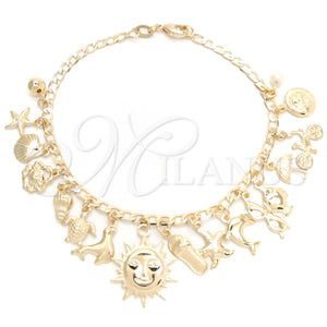 Pulsera de Dije 03.58.0068.07 Oro Laminado, Diseño de Sol y Pajaro, con Marfil Perla, Pulido, Tono Dorado (04 MM Thickness, 7 Inches Length)
