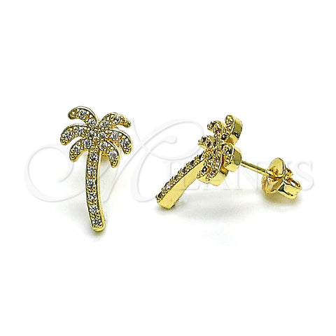 Arete Dormilona 02.193.0012 Oro Laminado, Diseño de Palmera, con Blanca Micro Pave, Pulido, Tono Dorado