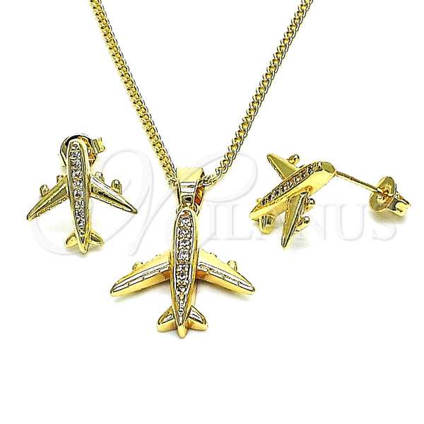 Juego de Arete y Dije de Adulto 10.193.0001 Oro Laminado, Diseño de Avión, con Blanca Micro Pave, Pulido, Tono Dorado