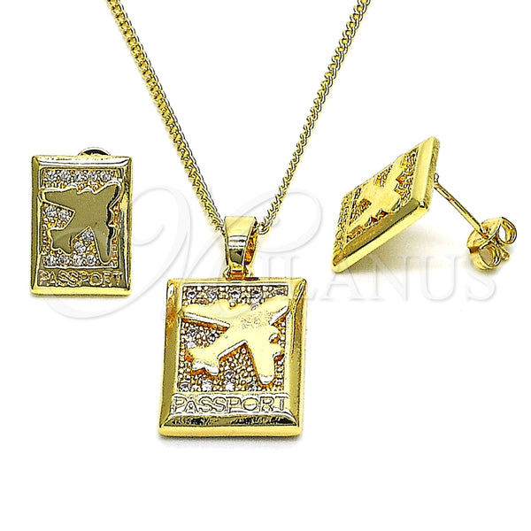 Juego de Arete y Dije de Adulto 10.193.0003 Oro Laminado, Diseño de Avión, con Blanca Micro Pave, Pulido, Tono Dorado