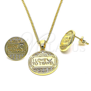 Juego de Arete y Dije de Adulto 10.193.0005 Oro Laminado, Diseño de Corazón y Amor, con Blanca Micro Pave, Pulido, Tono Dorado