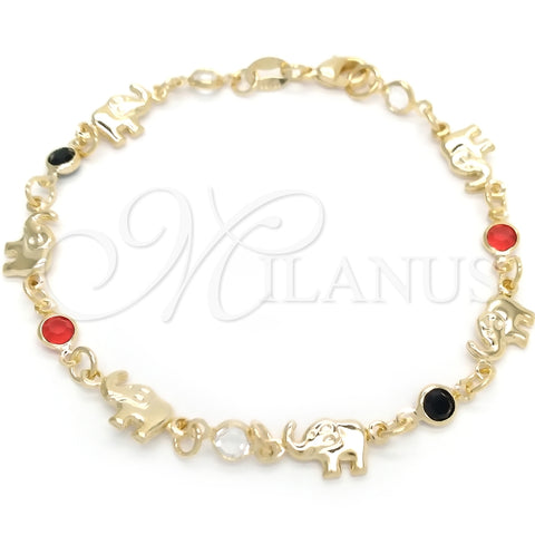 Pulsera Elegante 03.58.0071.07 Oro Laminado, Diseño de Elefante, con Negro and Granate Zirconia Cubica, Pulido, Tono Dorado (03 MM Thickness, 7 Inches Length)