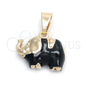 Dije Elegante 05.58.0008 Oro Laminado, Diseño de Elefante, Esmaltado Negro, Tono Dorado