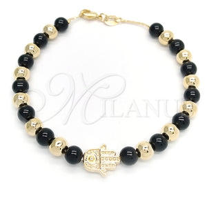 Pulsera de Dije 03.32.0568.07 Oro Laminado, Diseño de Bola y Mano de Dios, con Negro Azavache, Pulido, Tono Dorado (06 MM Thickness, 7 Inches Length)
