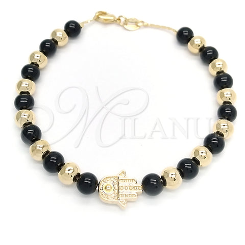 Pulsera de Dije 03.32.0568.07 Oro Laminado, Diseño de Bola y Mano de Dios, con Negro Azavache, Pulido, Tono Dorado (06 MM Thickness, 7 Inches Length)