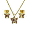 Juego de Arete y Dije de Adulto 10.284.0025.1 Oro Laminado, Diseño de Mariposa, con Granate Micro Pave, Pulido, Tono Dorado