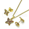 Juego de Arete y Dije de Adulto 10.284.0025.1 Oro Laminado, Diseño de Mariposa, con Granate Micro Pave, Pulido, Tono Dorado